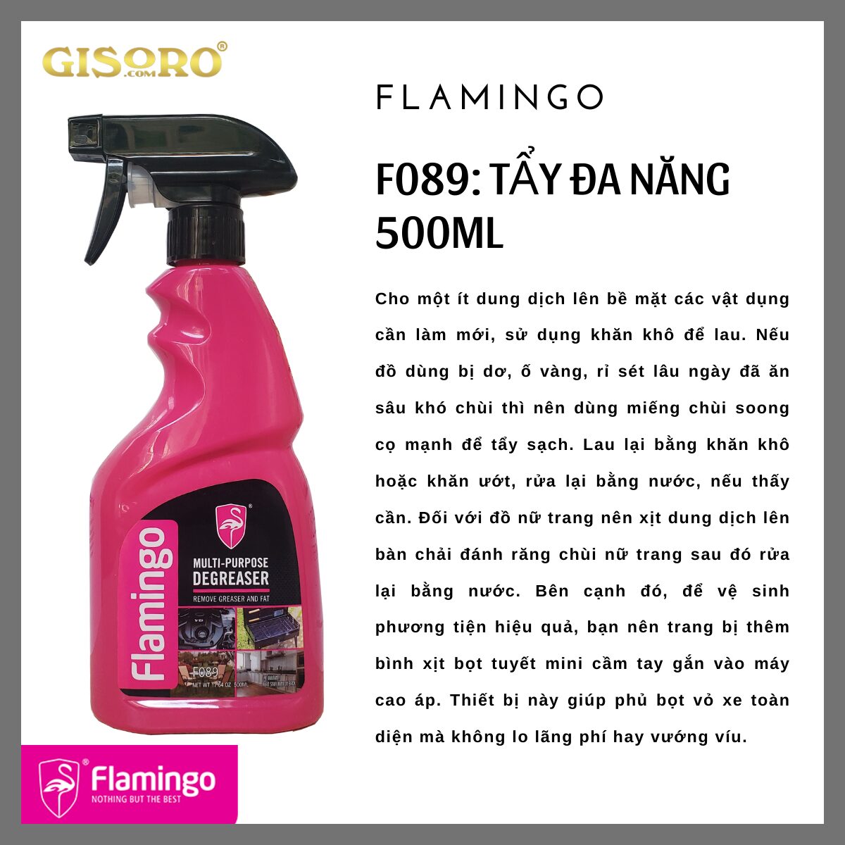 Xịt vệ sinh đa năng trên mọi bề mặt da, nỉ, crom kính Flamingo F089 500ml, hương thơm dễ chịu, an toàn